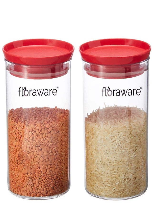Floraware Plastic Air Tight BPA Free Stackable Round Push Multipurpose Containers For Kitchen Organizer 900ml for Rice Dal Flour Snacks Cereals Pack of 2 (Red) - Image 1